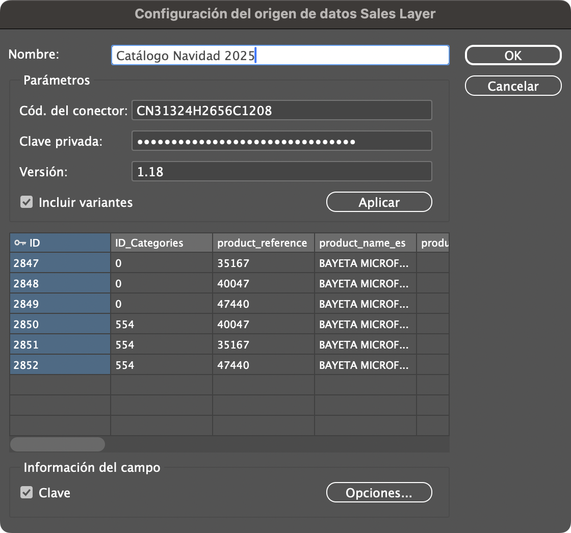 Cuadro de diálogo Configuración de origen de datos Sales Layer